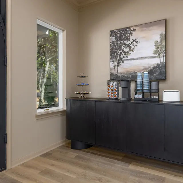 A modern entryway featuring a black cabinet, artwork of a landscape, and a window with natural light streaming in.