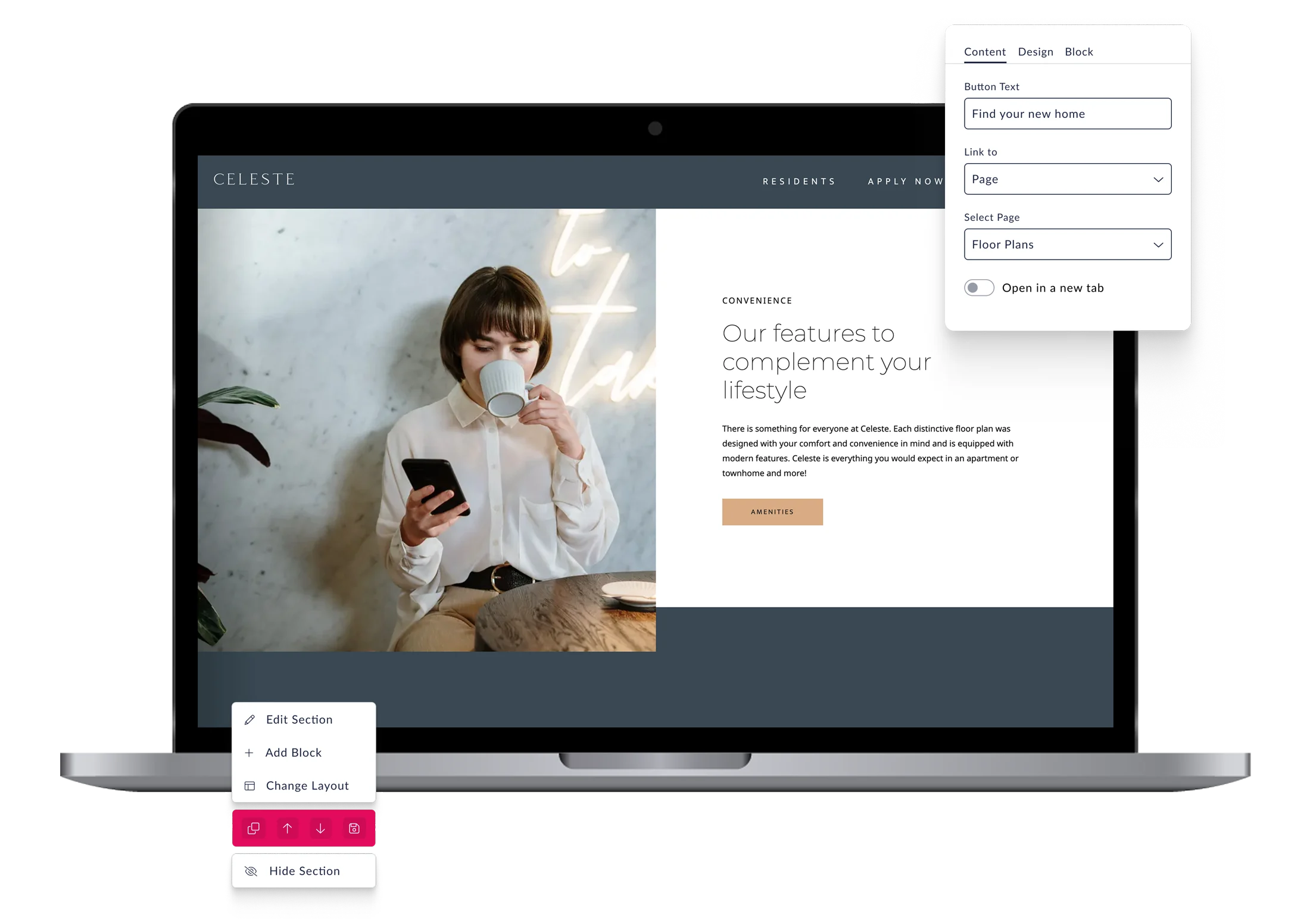 Website Mockup for Celeste A laptop displaying a website homepage with a woman holding a coffee cup, accompanied by a sidebar menu for editing and adding sections.