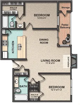 B1-floorplan-1d1b21d1.gif Apartment floor plan with two bedrooms, a living room, dining room, kitchen, bath, and balcony.