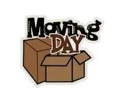 Moving Day Graphic A graphic illustration featuring the words 'Moving Day' in a bold, playful font with a brown cardboard box, one open, beside it.