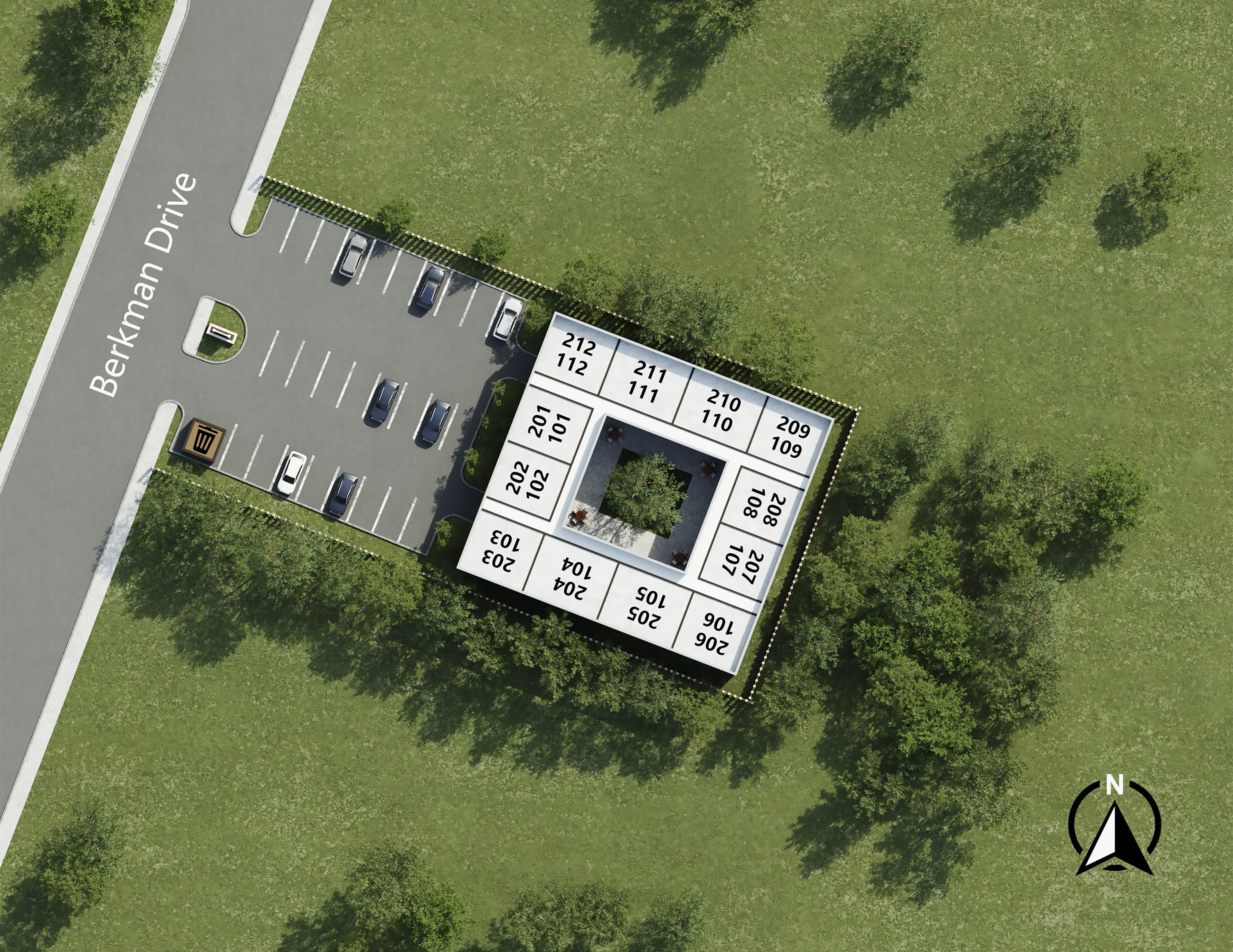 An aerial view of a building layout showing several apartment units numbered on a grid with a parking lot nearby