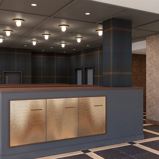 A modern lobby interior featuring a reception desk with golden accents and dark geometric panels. The ceiling has multiple light fixtures, and the floor is designed with black and cream tiles. On the right, there is a cozy seating area with curved architecture.
