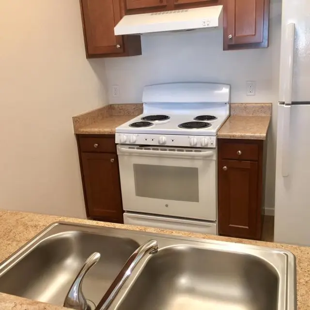 A modern kitchen featuring a white stove under a range hood, wooden cabinets, and a double sink with a granite countertop. A refrigerator is visible in the background.