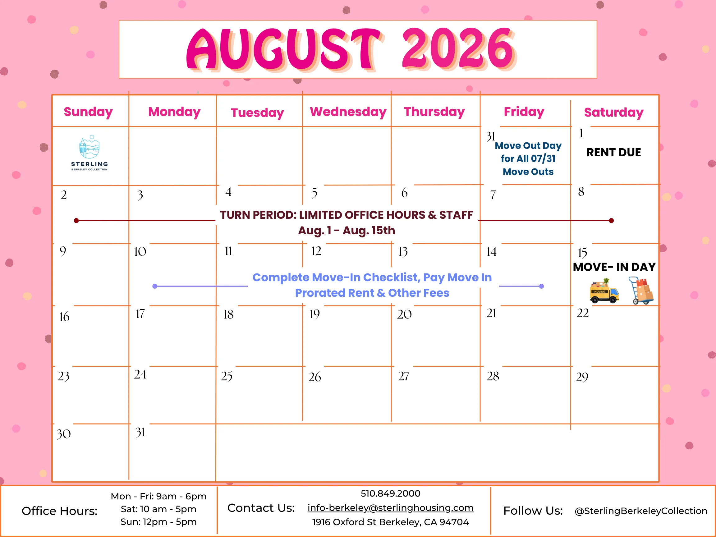 A calendar for August 2026 with office hours and important dates highlighted, including move-in and rent due information.