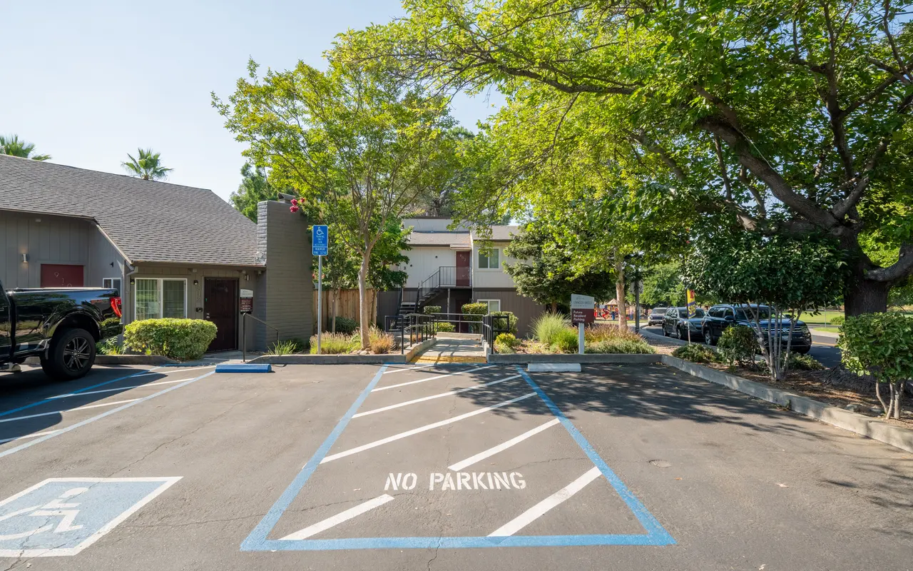 A parking lot with a marked area that reads 'NO PARKING'. The area features trees and nearby buildings. There are several parking spaces visible.