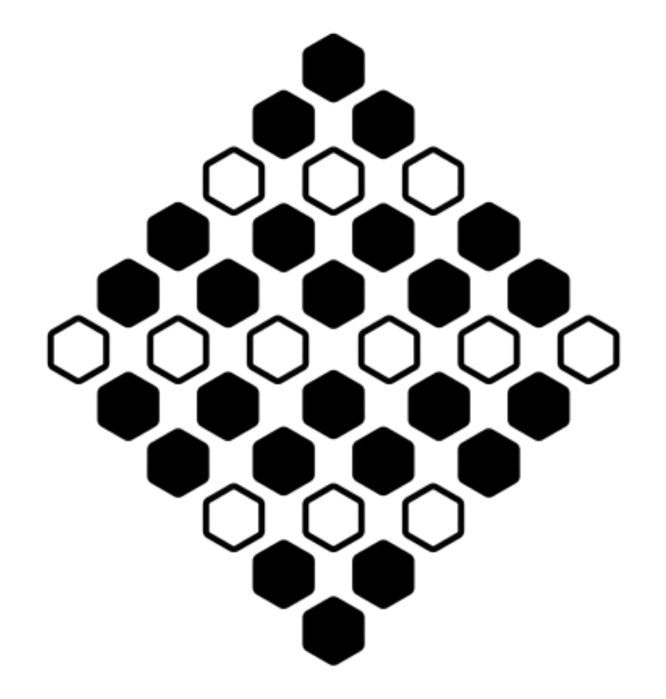 A geometric design featuring a diamond-shaped arrangement of hexagons in black. The hexagons are arranged in various sizes, creating a visually striking pattern.