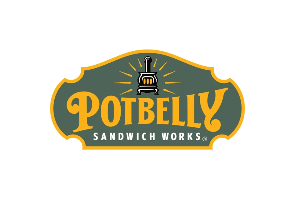 Logo of Potbelly Sandwich Works featuring the name 'Potbelly' in stylized yellow font with a furnace image above it.