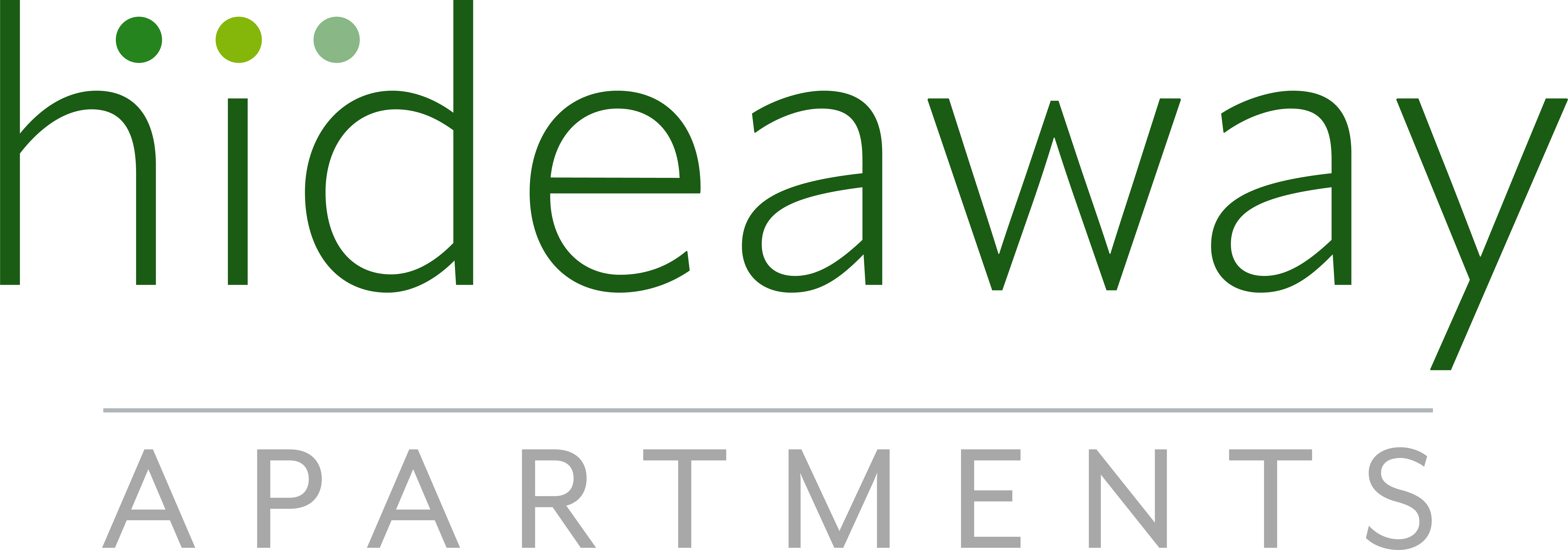 Logo for Hideaway Apartments with green and gray text.