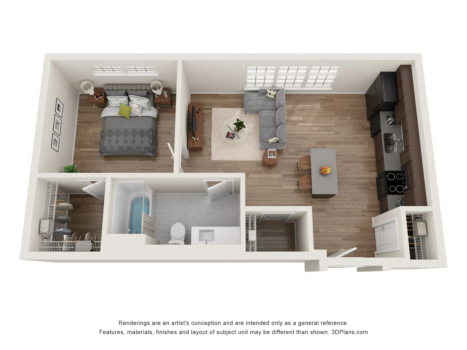 Modern One-Bedroom Apartment with Open Kitchen and Living Area One-bedroom apartment layout showing bedroom, bathroom, walk-in closet, open kitchen with island, and a living room with sectional sofa.