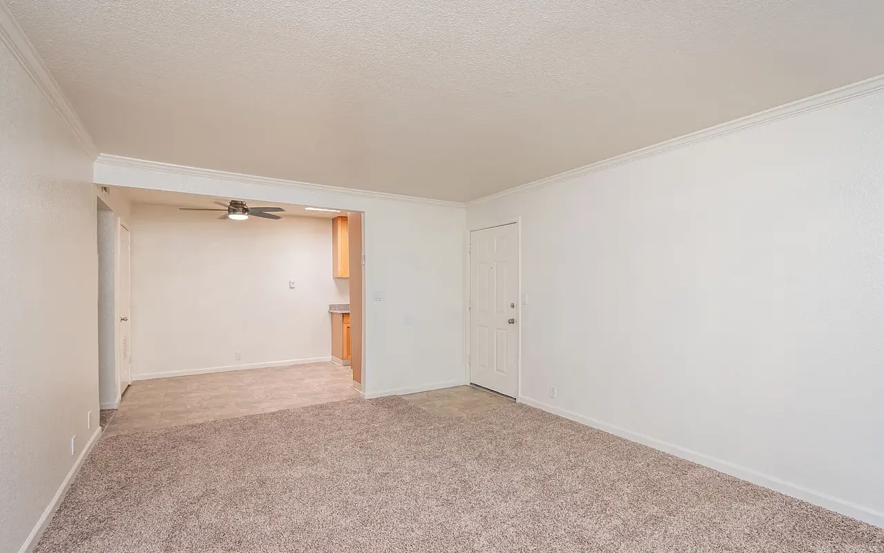 Spacious living room with beige carpet, white walls, and a ceiling fan, leading to an adjacent kitchen area.