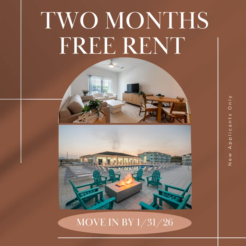 Promotional advertisement offering two months of free rent for new applicants, featuring images of an apartment living area and an outdoor space with seating and a fire pit.