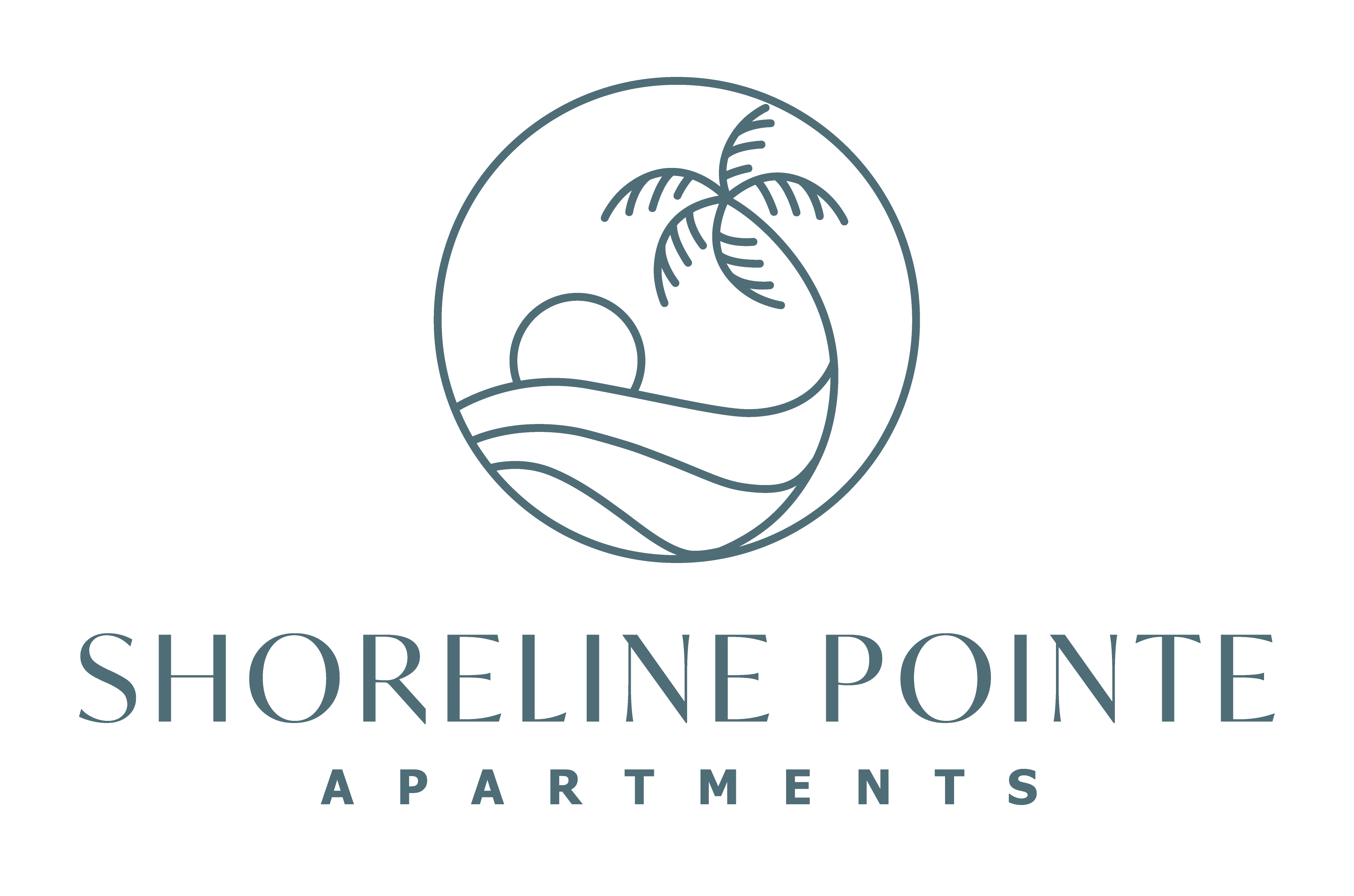 Logo of Shoreline Pointe Apartments featuring a sun, palm tree, and wave design.