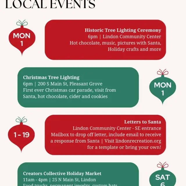 A flyer listing upcoming local events for December 2026. Events include a historic tree lighting ceremony, Christmas tree lighting, letters to Santa, and a holiday market.