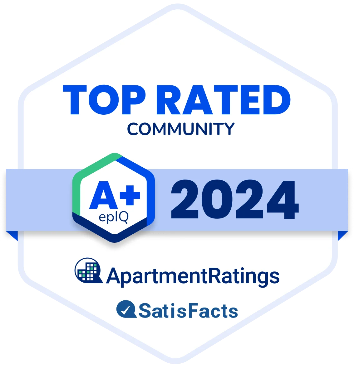 Award badge for top rated community in 2024 from ApartmentRatings and SatisFacts.