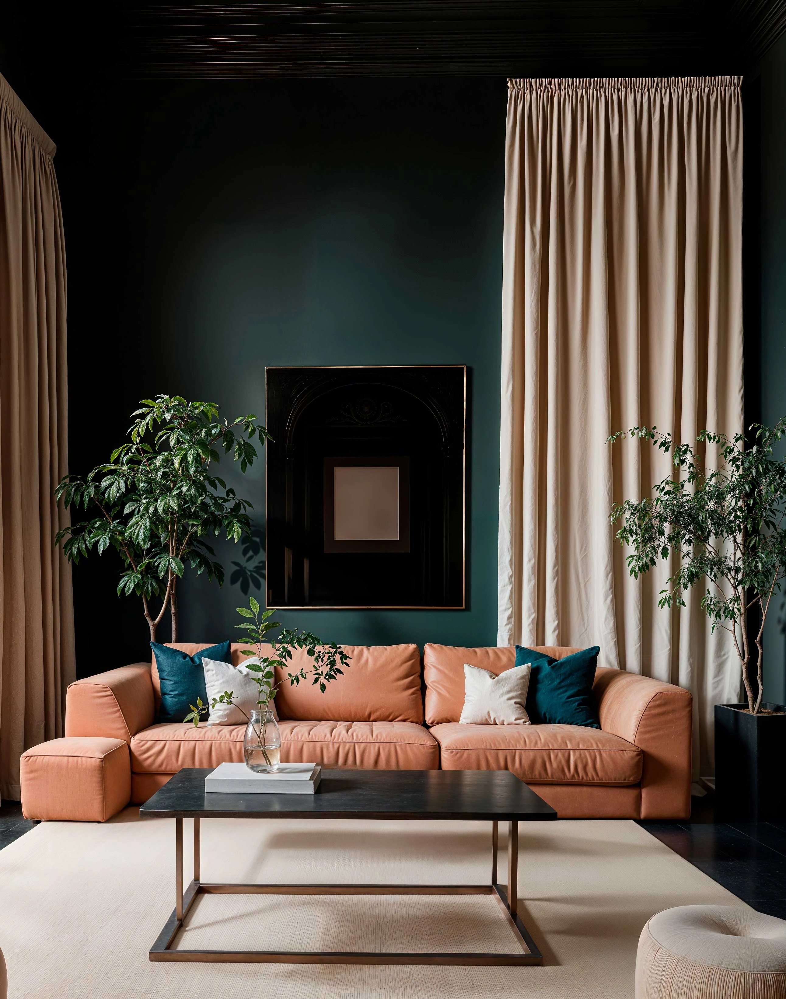 Modern Living Room Aesthetic A modern living room featuring an orange couch with blue and white pillows, two indoor plants, a coffee table, and light curtains against deep green walls.