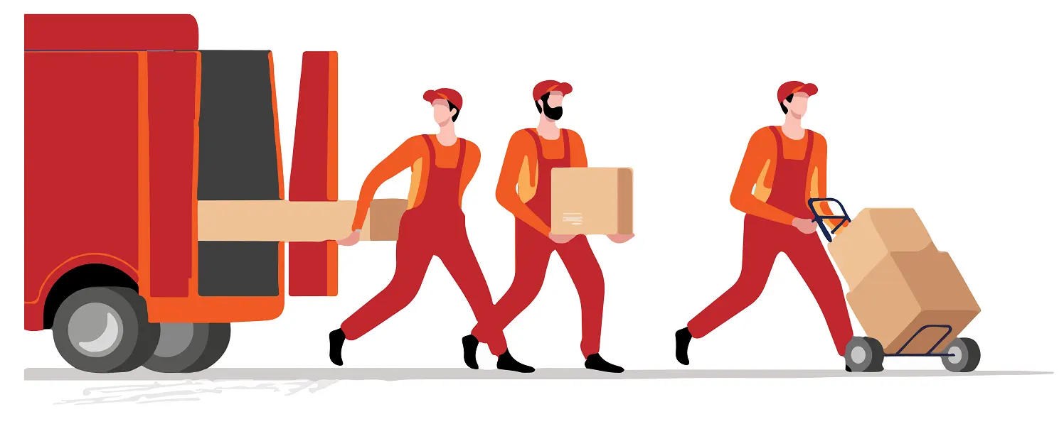 Three delivery workers in orange uniforms loading boxes from a truck.