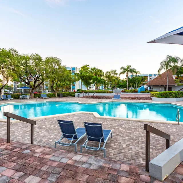 Relaxing Poolside Ambiance A serene swimming pool surrounded by palm trees and lounge chairs, with a landscaped area and buildings in the background.