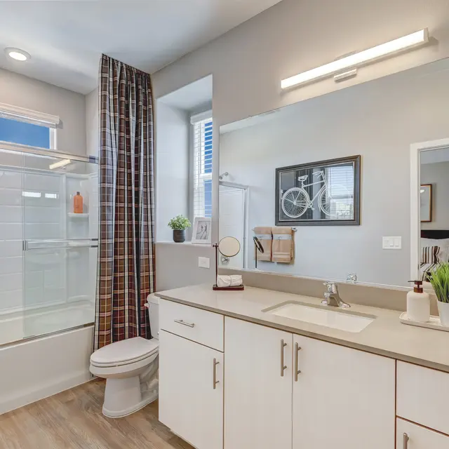 A modern bathroom featuring a bathtub, sink with vanity, large mirror, and window, with neutral tones and decorative accents.