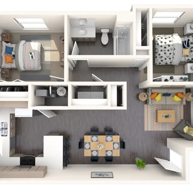 A 3D floor plan of a modern apartment featuring two bedrooms, a bathroom, a living area, and a kitchen. The layout shows furniture arrangements including beds, a dining table, and a cozy seating area.