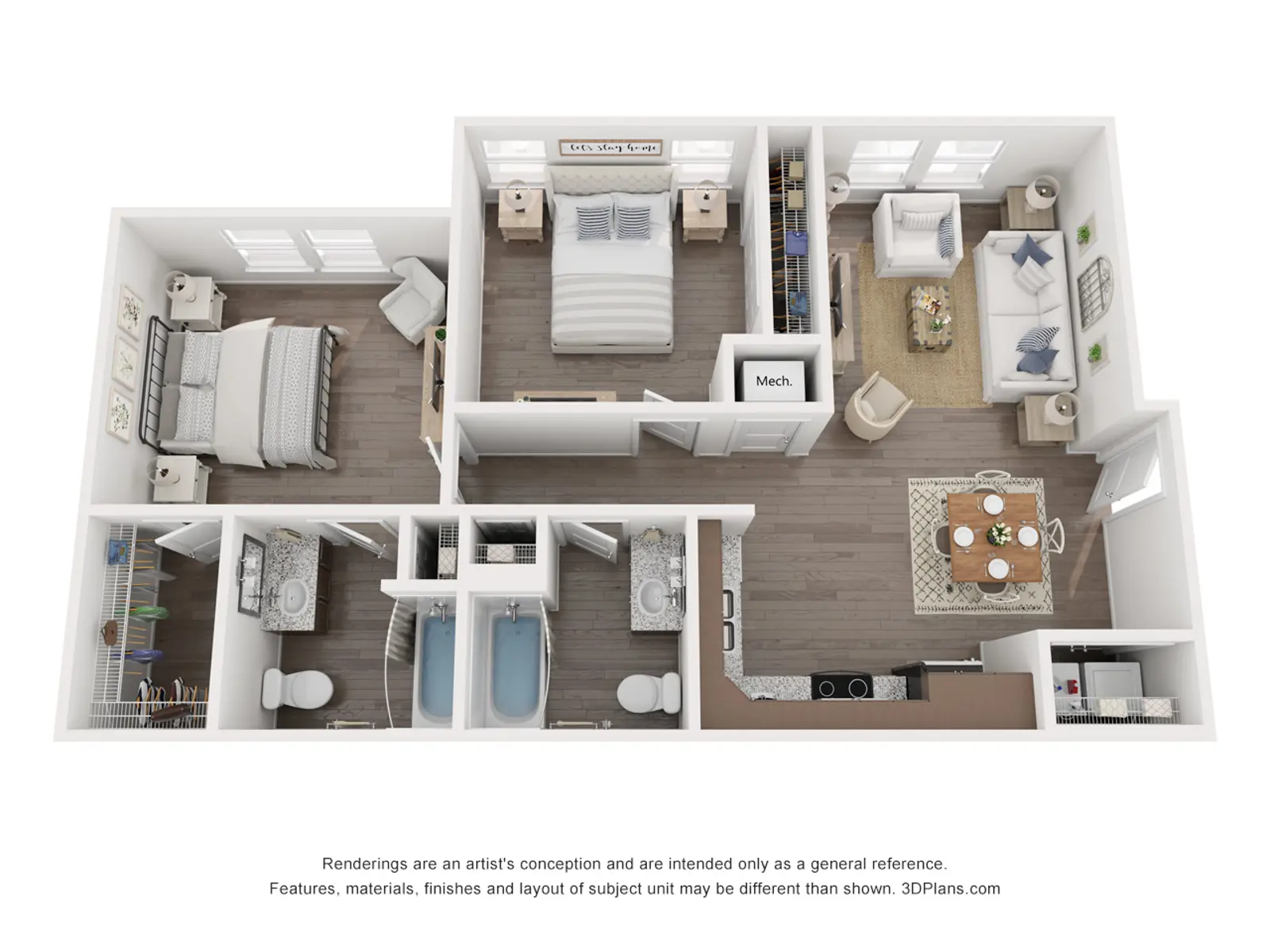 2-Bedroom Apartment Layout A top-down view of a 2-bedroom apartment layout featuring a living room, kitchen, dining space, bathrooms, and bedrooms.