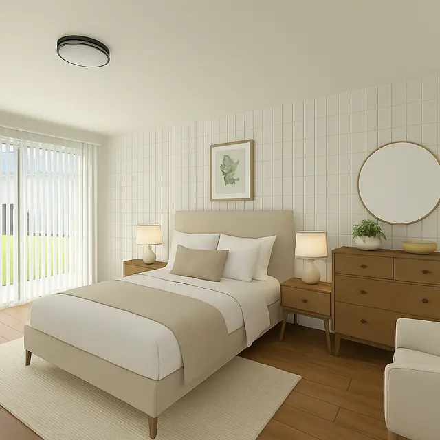 Modern Bedroom Design A modern bedroom featuring a bed with neutral linens, a cozy chair, wooden furniture, and a large window with sliding doors leading to a green outdoor space.