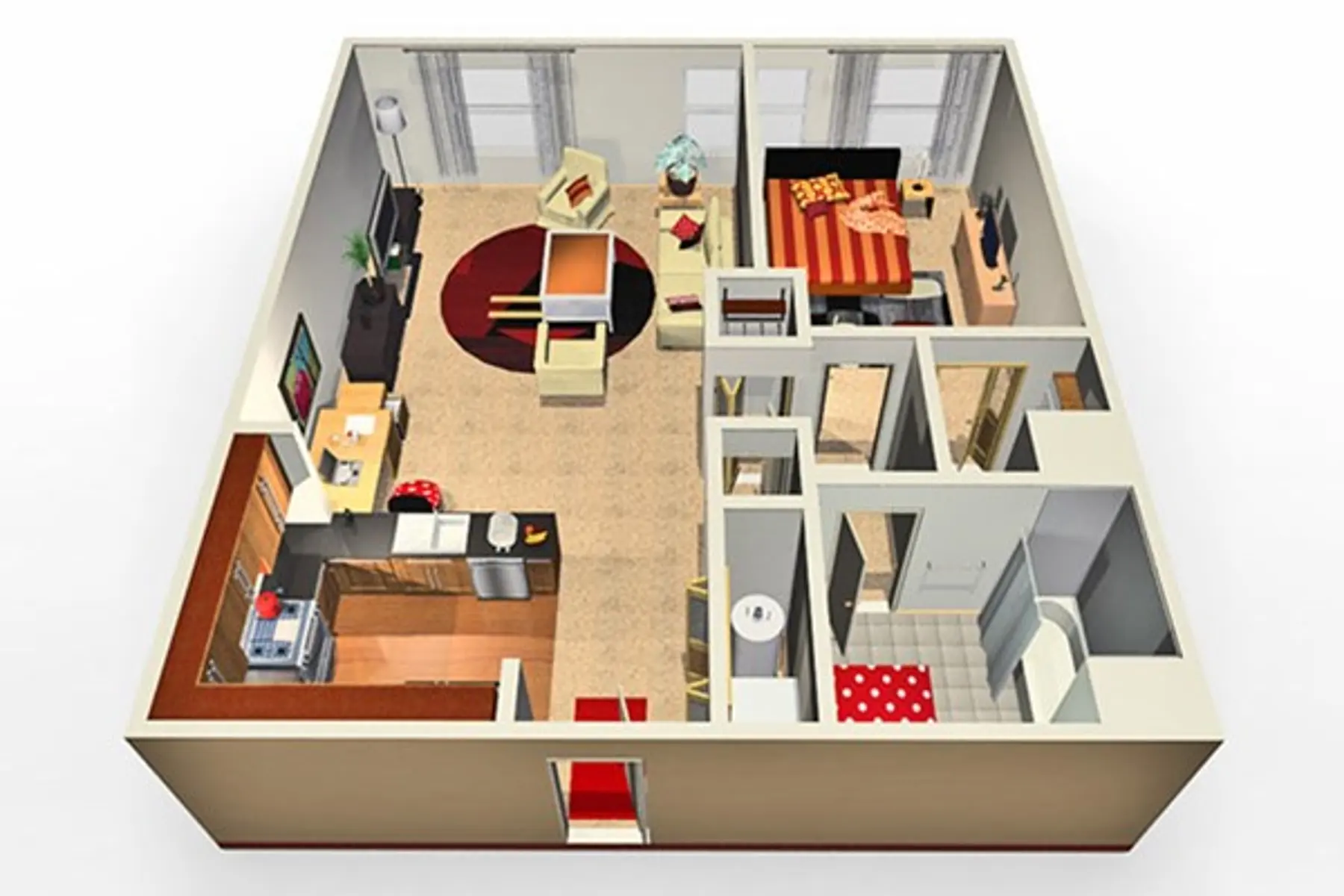 A 3D floor plan of an apartment featuring a living room, kitchen, bedroom, and bathroom areas.