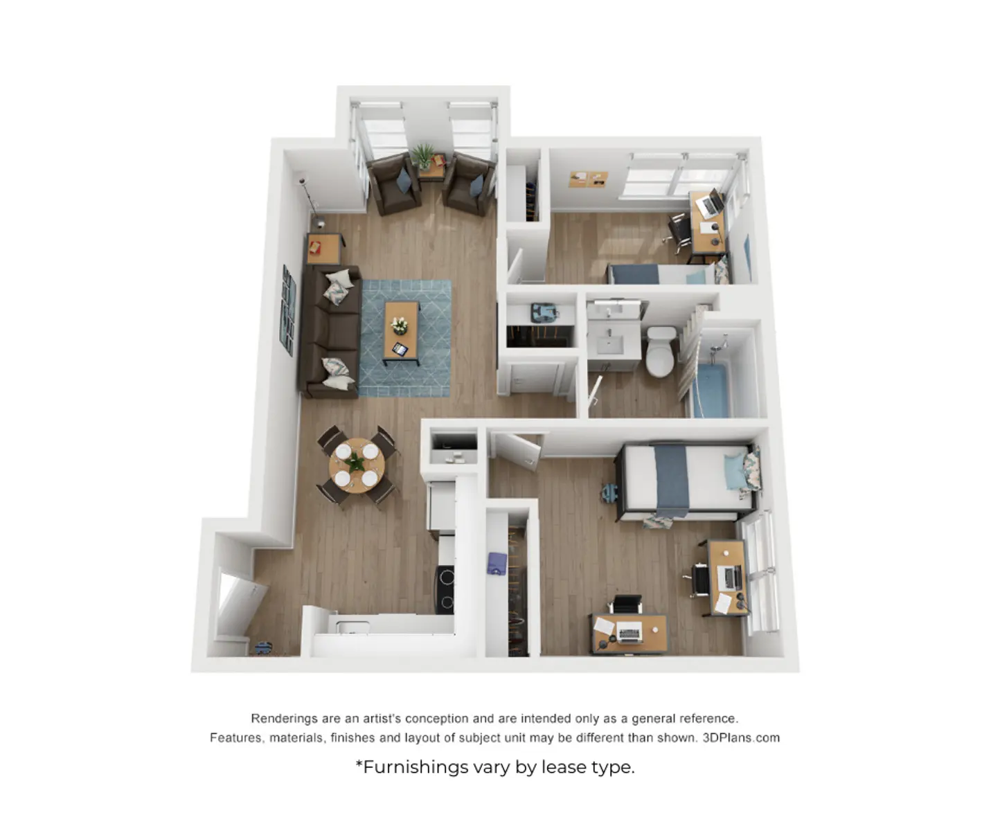 A two-bedroom apartment floor plan with living area, kitchen, and two bathrooms, shown in a 3D isometric view.