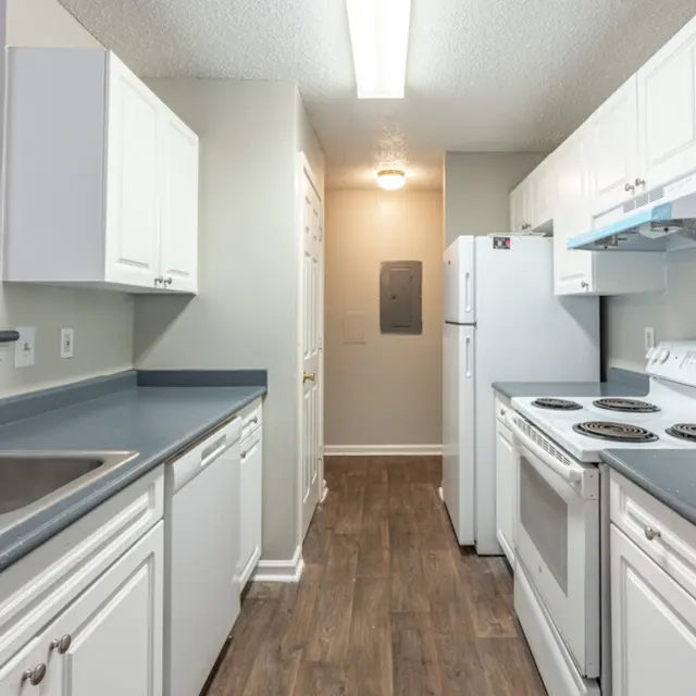A modern kitchen featuring white cabinetry, a double sink, and stainless steel appliances. The countertops are gray, and the flooring is wooden.
