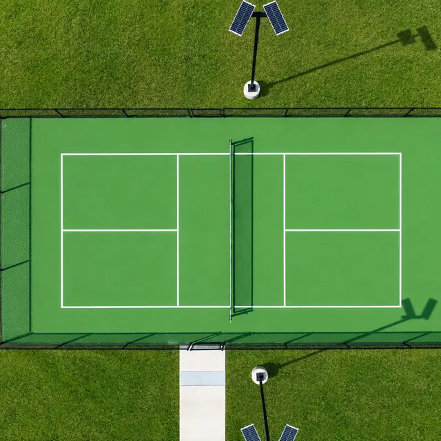 Aerial view of a green tennis court surrounded by a black fence, with solar lights nearby and a paved pathway leading to it.