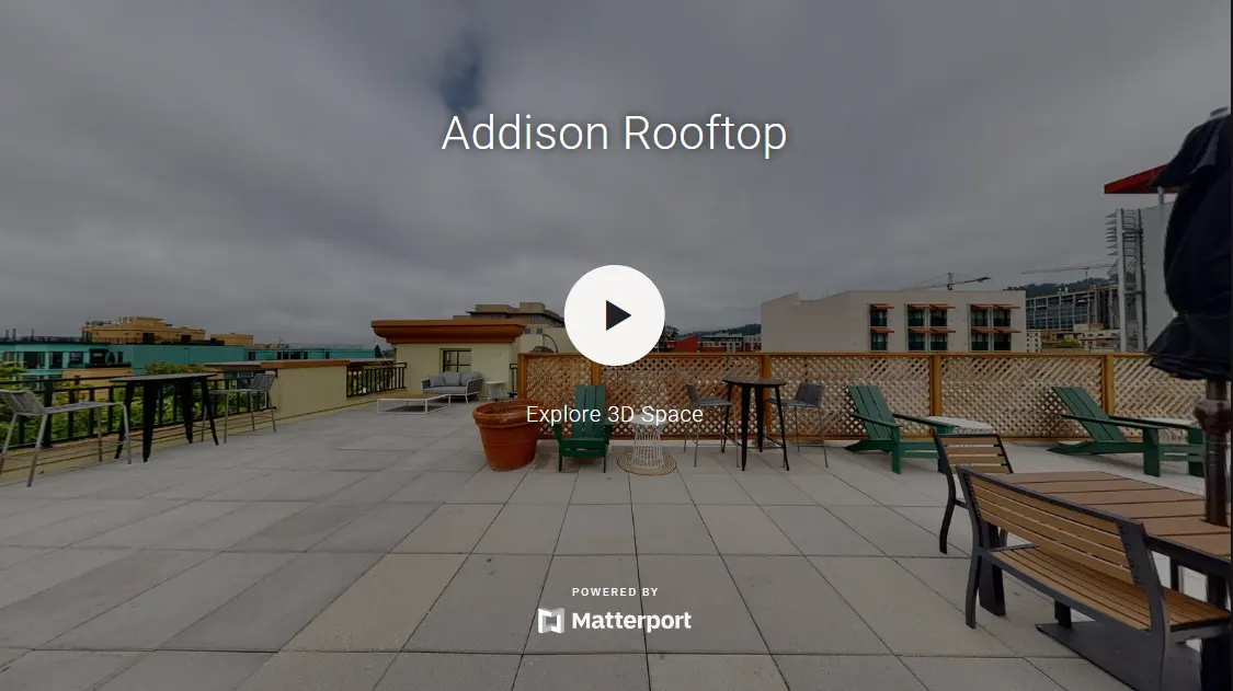 A panoramic view of a rooftop space with benches and tables, surrounded by a city skyline and partly cloudy sky.