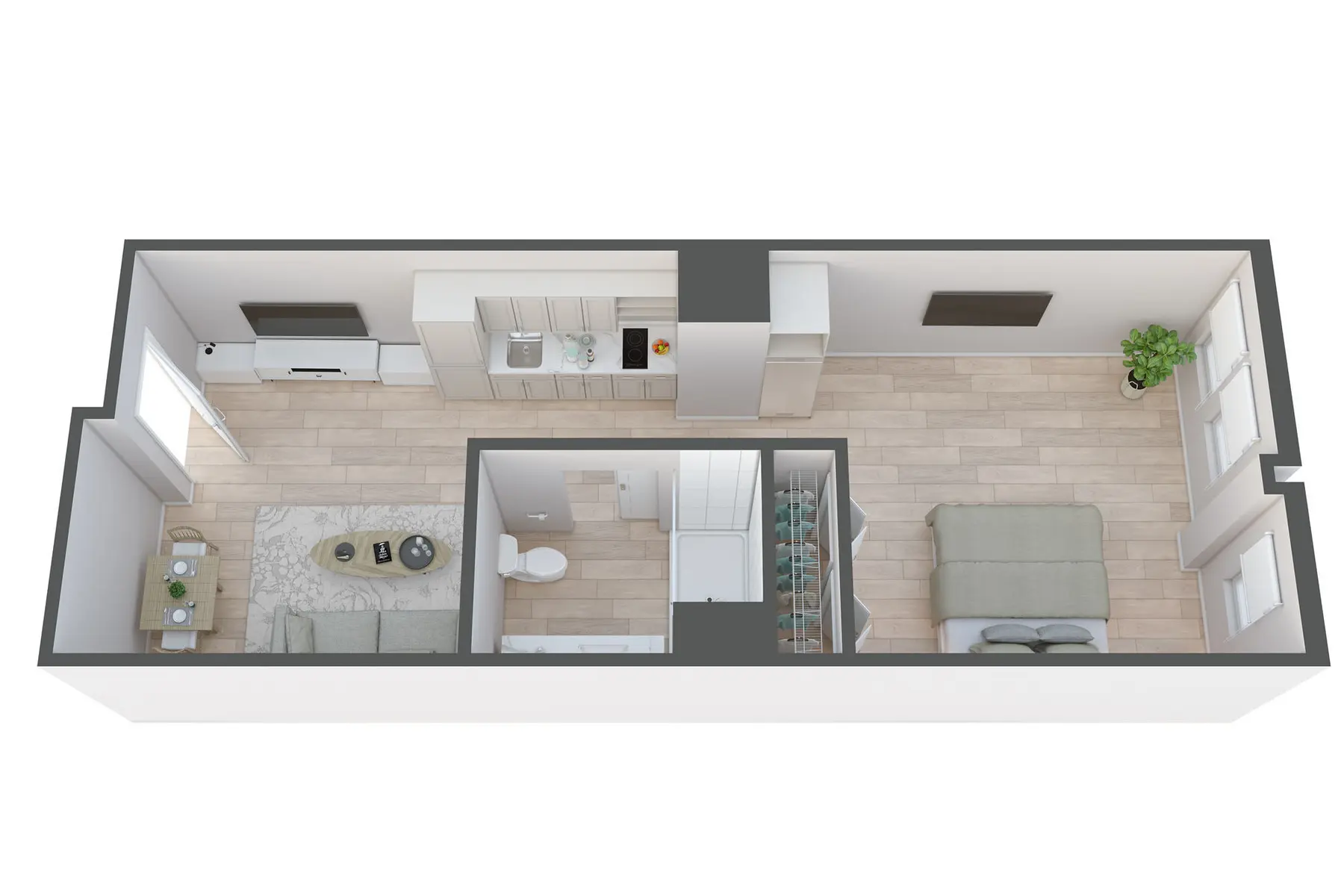 Aerial view of a small apartment layout featuring a living area, kitchen, bathroom, and bedroom.