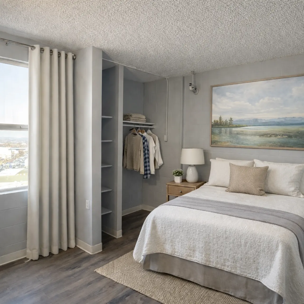 A cozy bedroom featuring a bed with light bedding, a bedside table with a lamp, and a large window with curtains. A piece of landscape artwork hangs above the bed, and there's a small closet with organized clothes nearby.