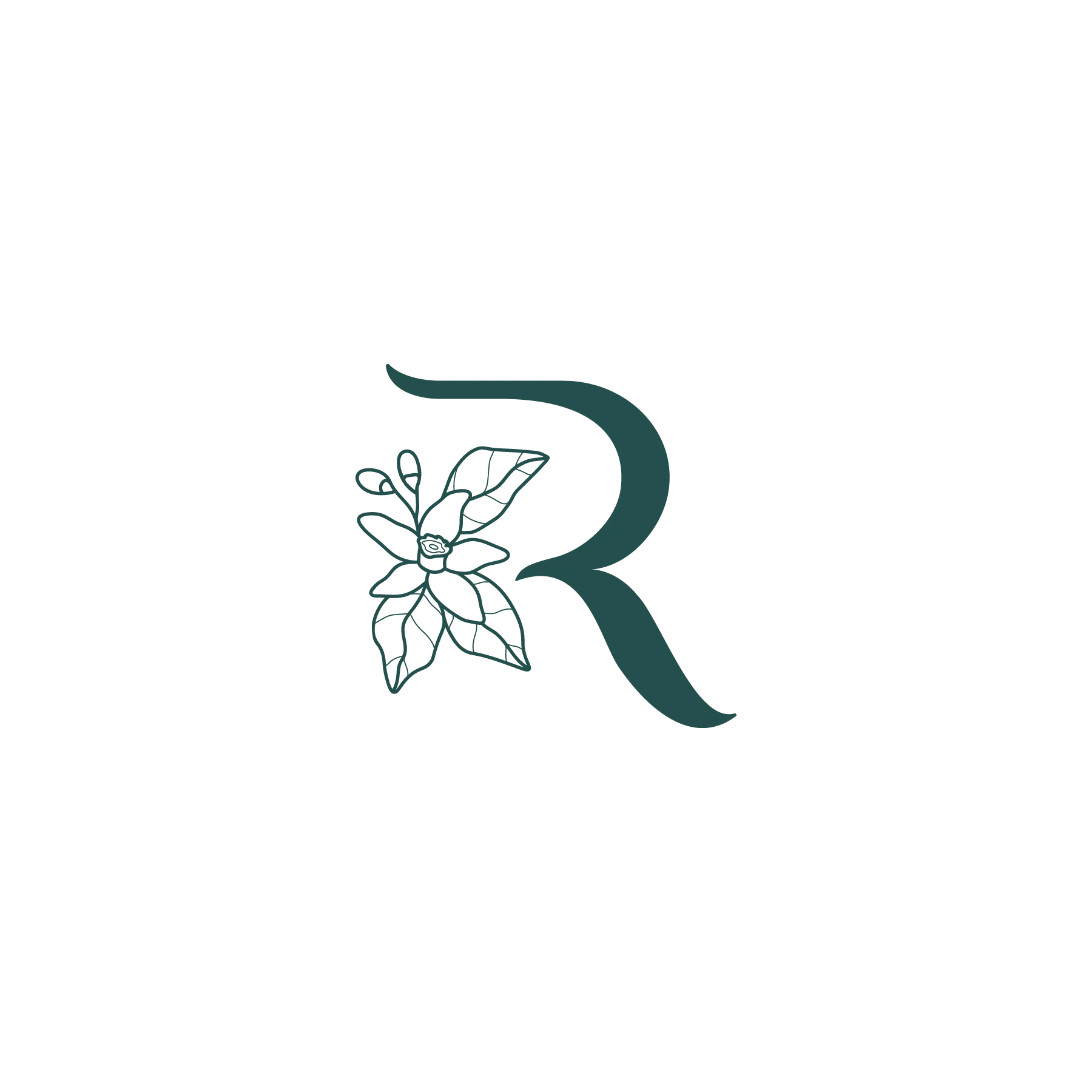 Stylized Letter R with Floral Design A stylized letter 'R' intertwined with a floral design featuring leaves and buds.