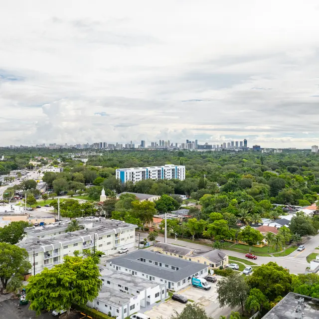 Aerial view of a city skyline surrounded by greenery and residential areas under a cloudy sky.