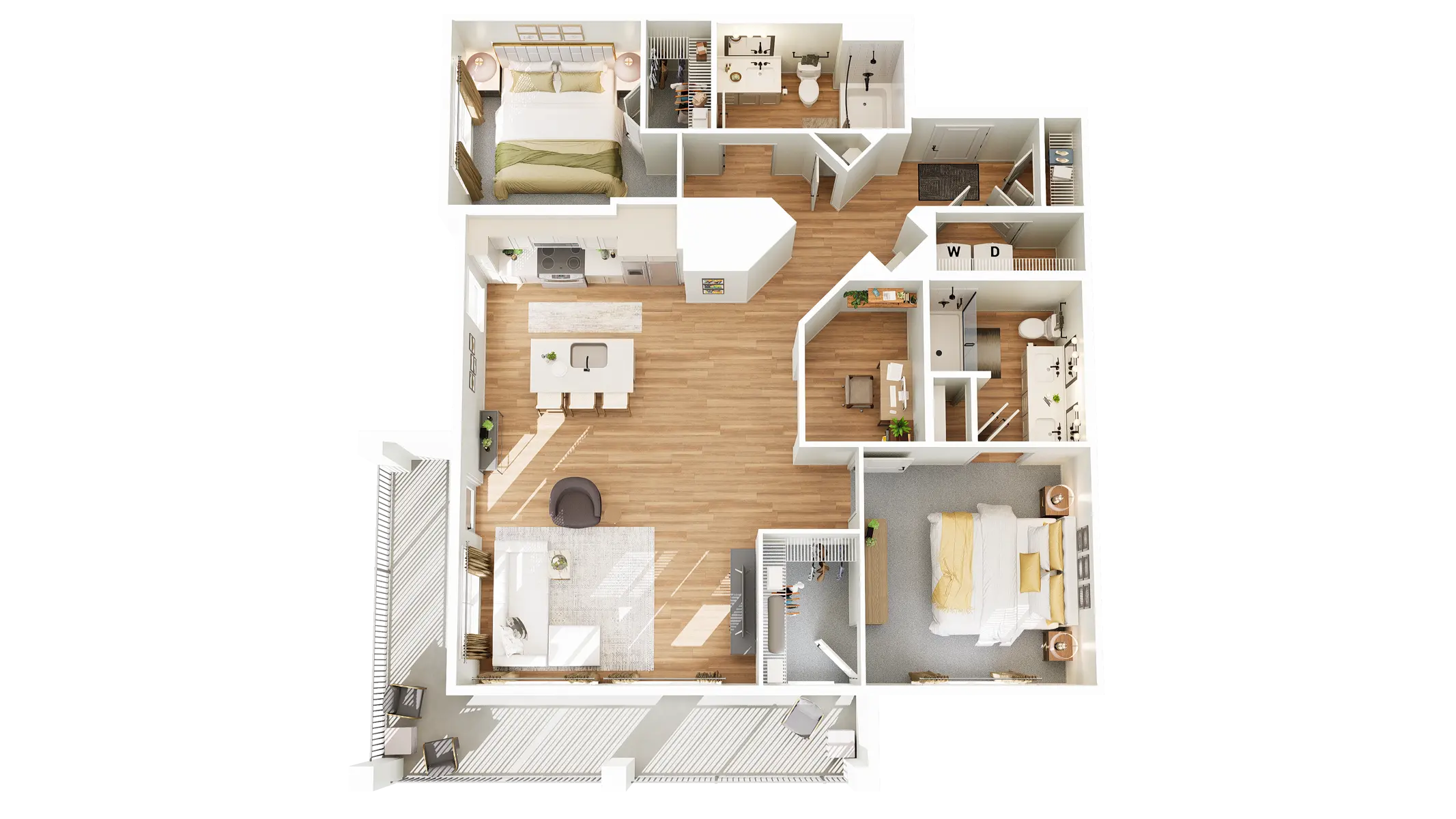A 3D floor plan of an apartment featuring multiple rooms, including a living area, kitchen, two bedrooms, and a bathroom. The layout shows furniture placements and room dimensions.