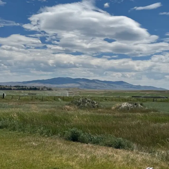 A scenic landscape featuring green grass and shrubs in the foreground, with rolling hills and mountains in the background under a cloudy blue sky.