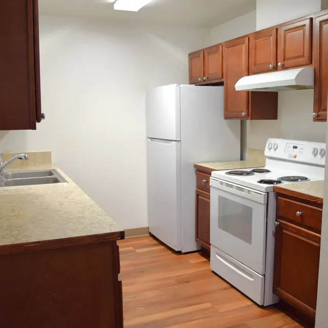 Modern Small Kitchen A small kitchen featuring wooden cabinets, a white refrigerator, and a white stove, with a countertop and sink.