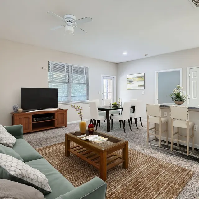 A spacious living room area featuring a green sofa, a wooden coffee table on a rug, and a TV cabinet. A dining table with chairs is also visible, along with a kitchen bar area. There is a large window that lets in natural light and a decorative plant in the corner.
