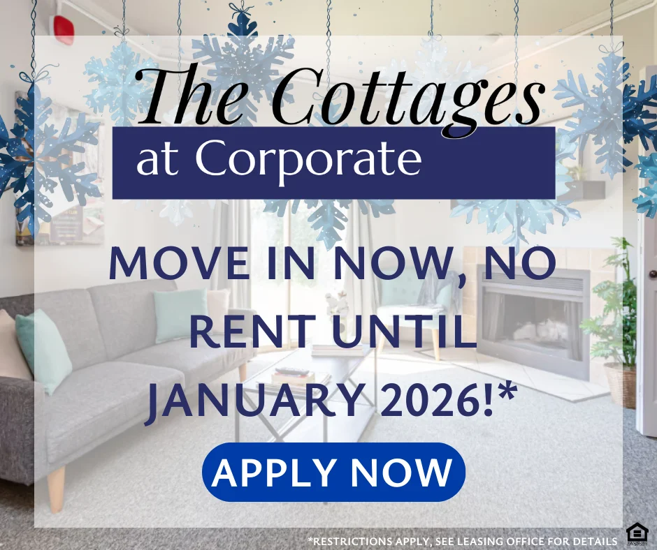 Promotional image for The Cottages at Corporate featuring a cozy living room with a sofa, snowflake decorations, and text announcing an offer for move-in with no rent until January 2026.