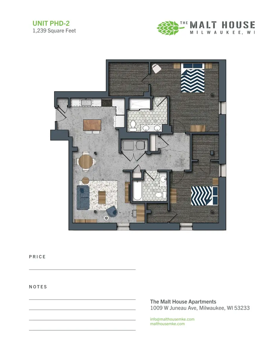 Floor plan layout of an apartment unit labeled PH2 at The Malt House in Milwaukee, showing two bedrooms, two bathrooms, and a living area.