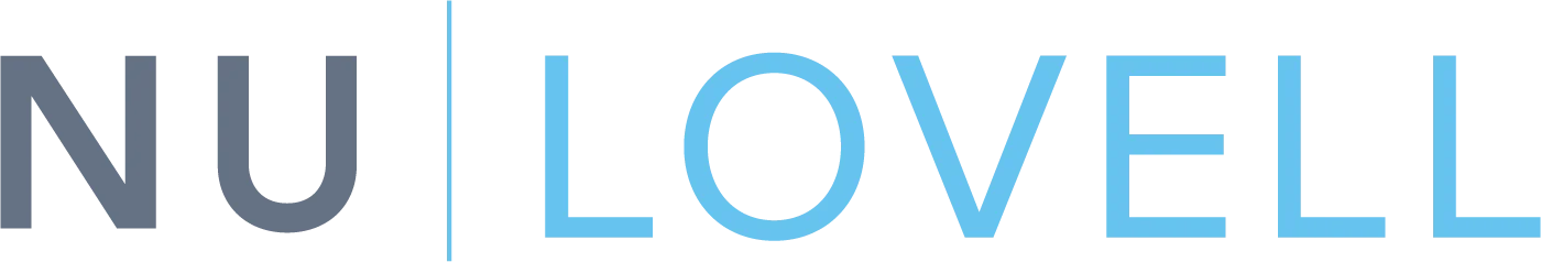 Logo of Nu Lovell featuring stylized text with 'NU' in gray and 'LOVELL' in light blue.