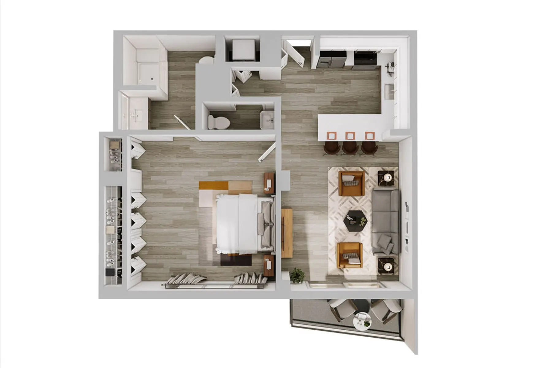 Modern One-Bedroom Apartment Floor Plan A top-down view of a modern apartment layout featuring a living area, dining space, kitchen, bedroom, and bathroom.