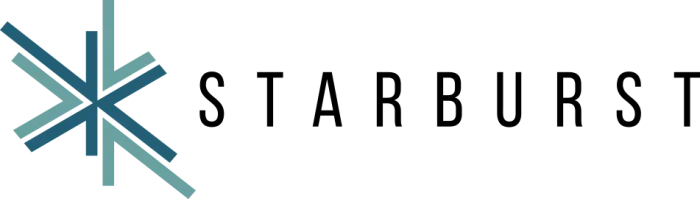A logo consisting of a starburst design with blue and teal elements, accompanied by the word 'STARBURST' in bold black letters.