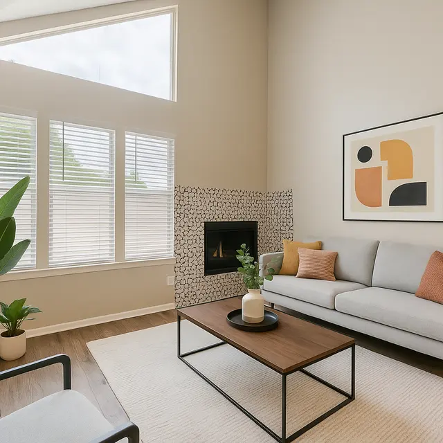 A bright and airy modern living room featuring a light gray sofa with orange cushions, a wooden coffee table, and a decorative fireplace with a textured wall. There are large windows letting in natural light and a couple of indoor plants.