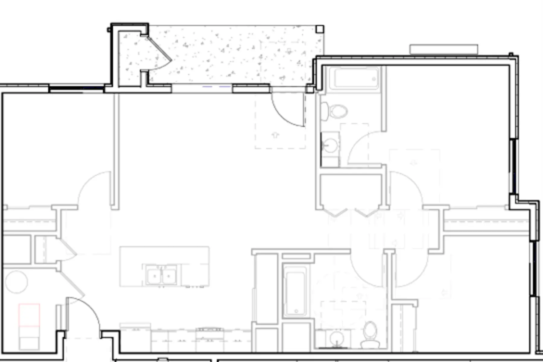 Residential Floor Plan Layout A detailed architectural floor plan illustrating the layout of a residential unit, including rooms like a kitchen, living area, bathrooms, and bedrooms, with marked dimensions and design features.