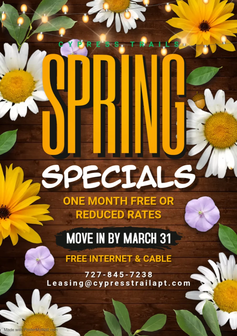 A vibrant spring promotional flyer with a wooden background decorated with various flowers. The flyer highlights special offers for apartments, including one month free or reduced rates, a deadline to move in by March 31, and free internet and cable. Contact details are provided at the bottom.