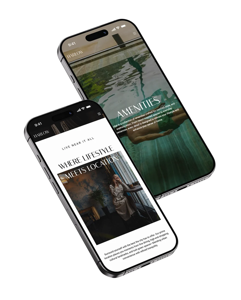 Modern Smartphone Website Display Two modern smartphones displaying different screens of a website. One screen features the word 'Amenities' with an image of water, while the other shows a woman sitting at a table with text stating 'Where Lifestyle Meets Location.'