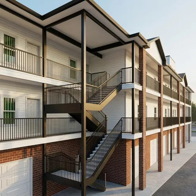 Exterior view of a modern apartment complex featuring multiple levels, staircases, and a parking area.