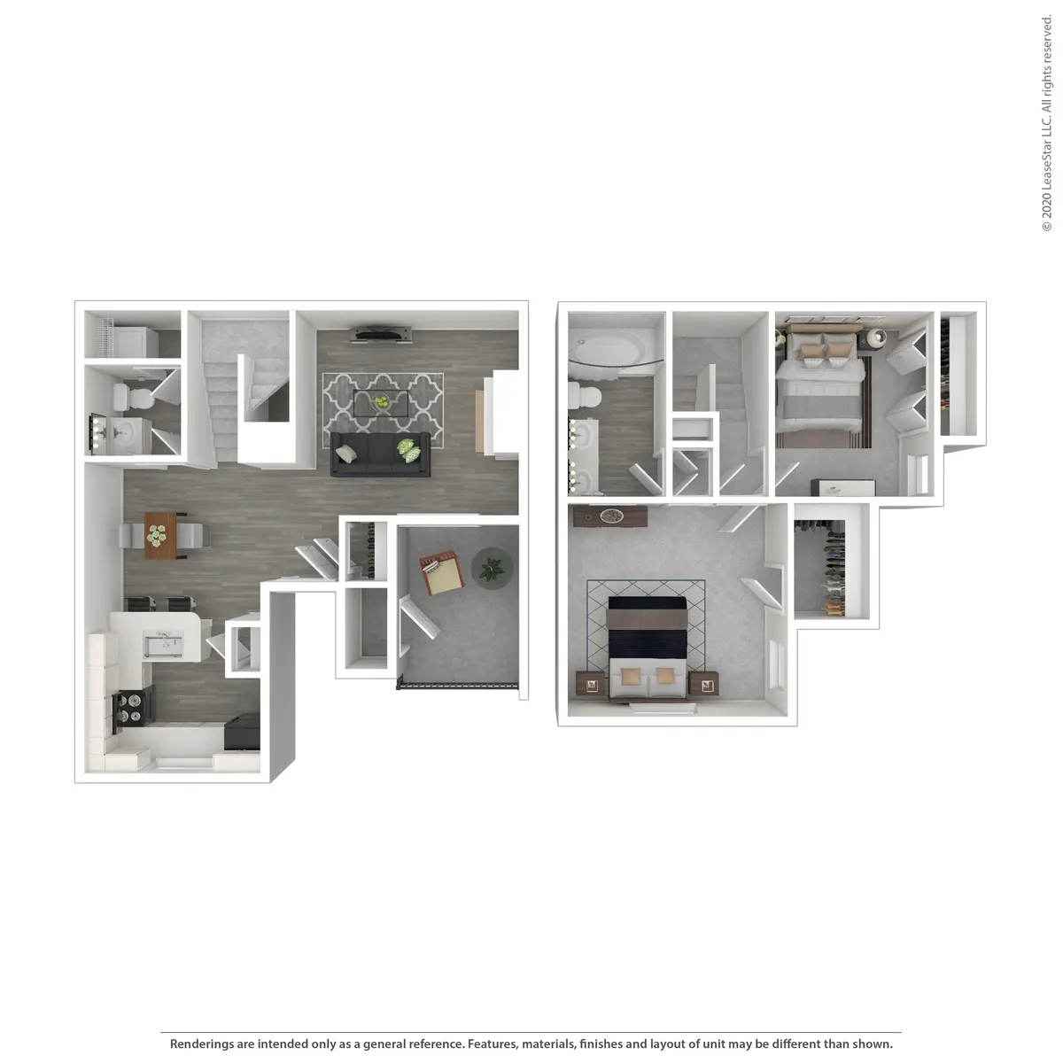 A detailed floor plan of a two-bedroom apartment, showing the layout of the kitchen, living room, bedrooms, and bathrooms.