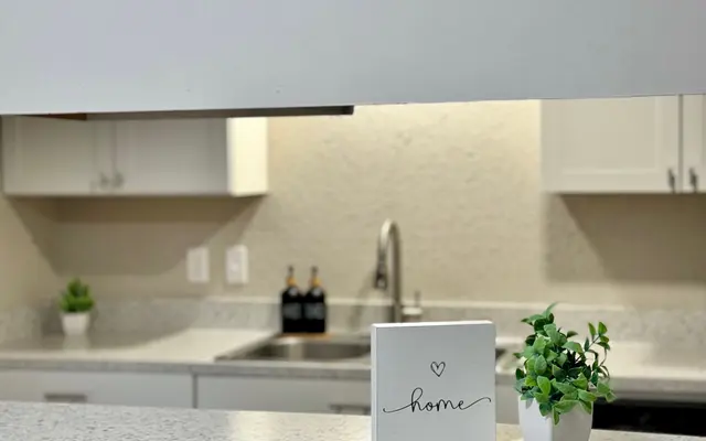 Cozy Modern Kitchen Decor A modern kitchen with light countertops, a clean design featuring a plant and a decorative sign that says 'home' on the counter, with a view of the sink and cabinets in the background.